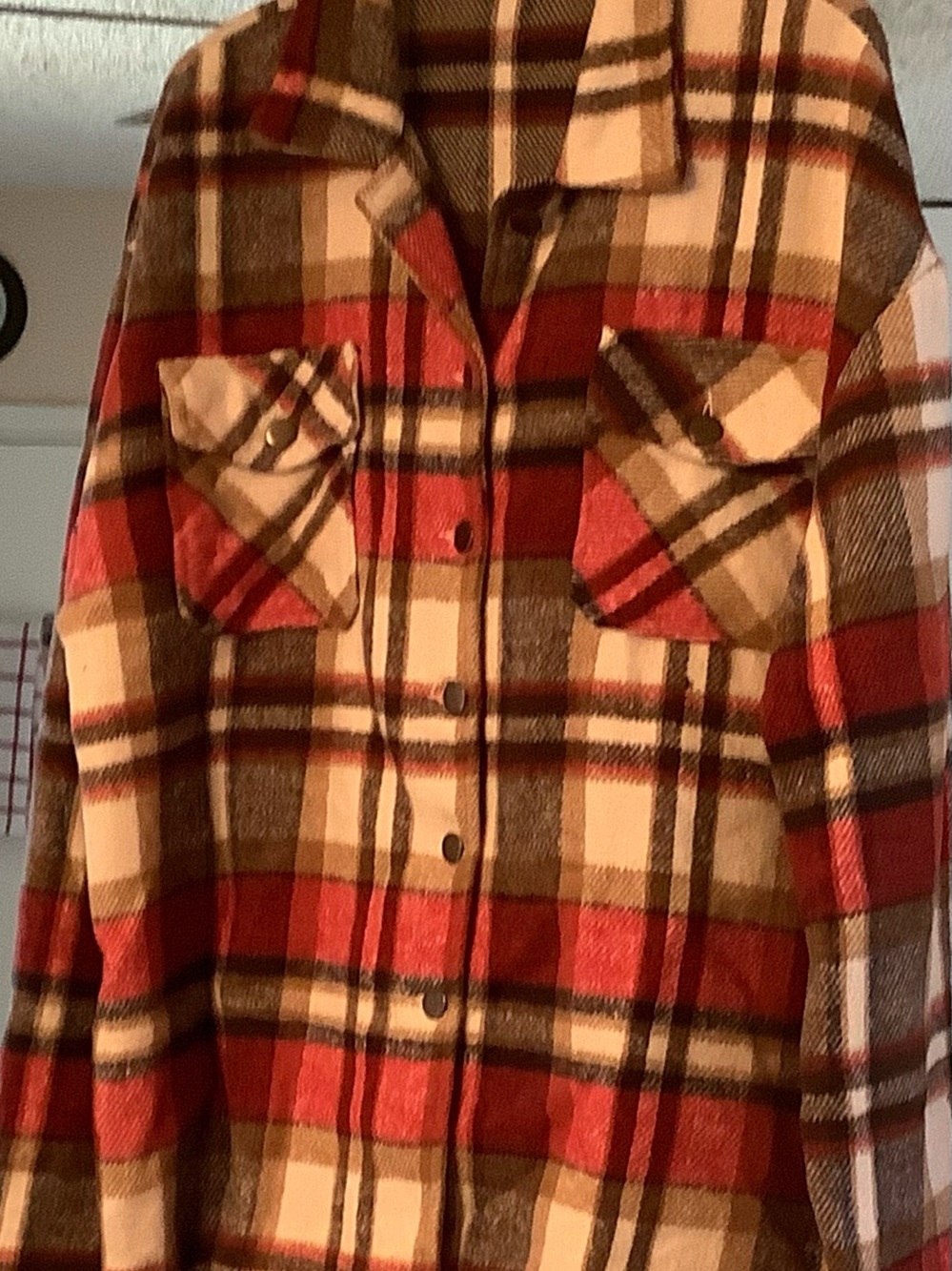 Plaid Button-Front Shacket in Red, Brown & Cream